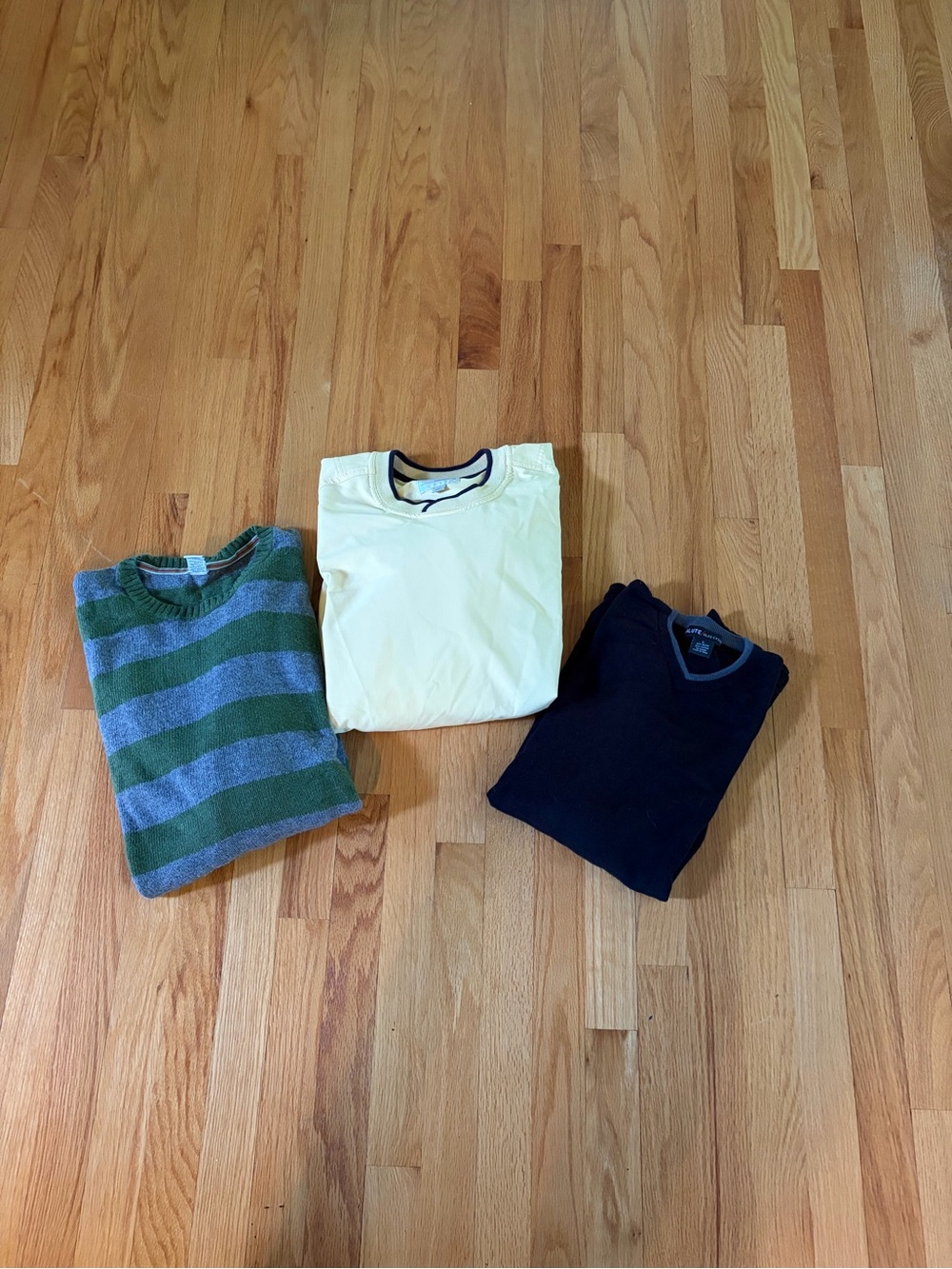 3 Men's Crewneck Sweater Bundle - Green Stripe, Pale Yellow, Black - size large